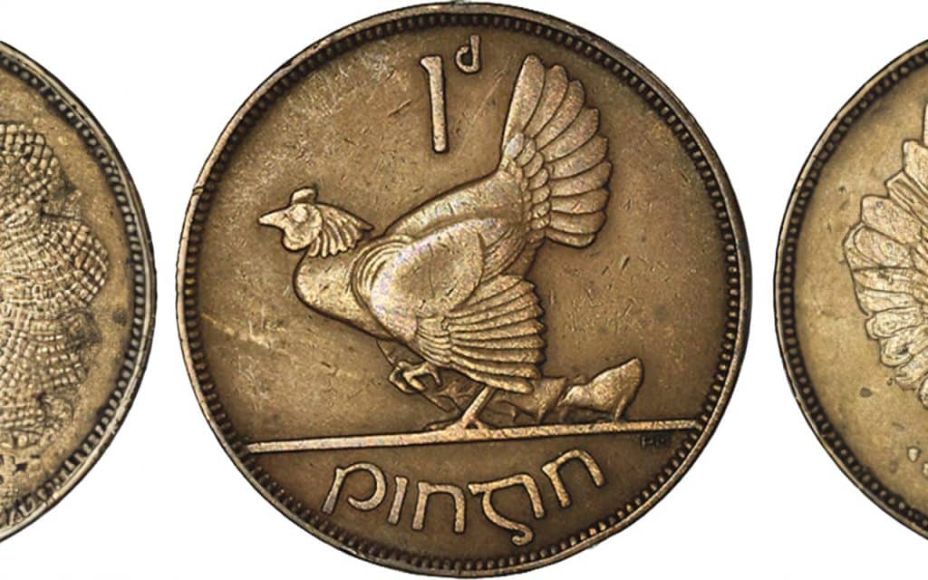 old irish penny with hen